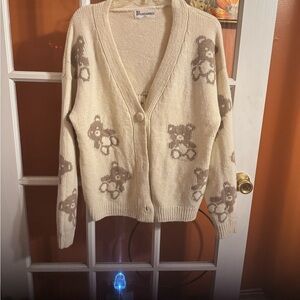 Cardigan Sweater - No Boundaries Cream Bear Pattern